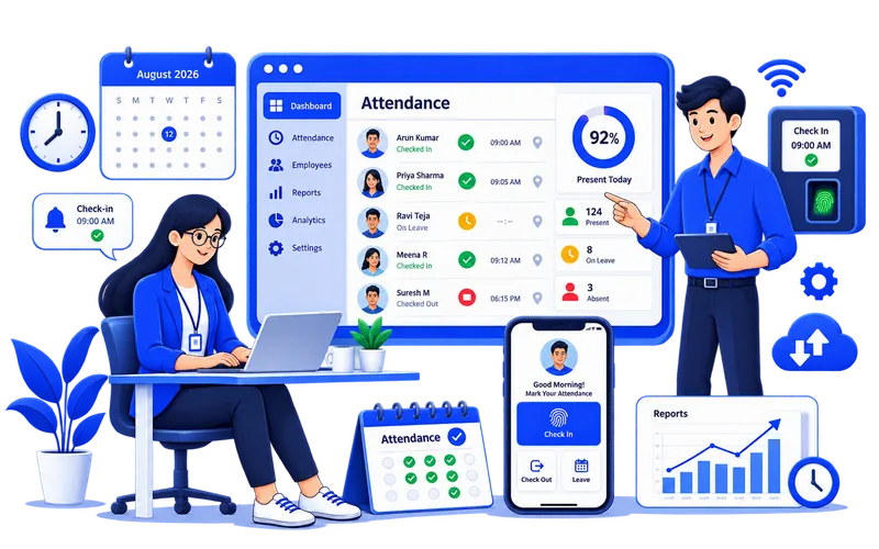 IHPAYROLL attendance management software dashboard showing employee check-ins, work hours, and attendance status