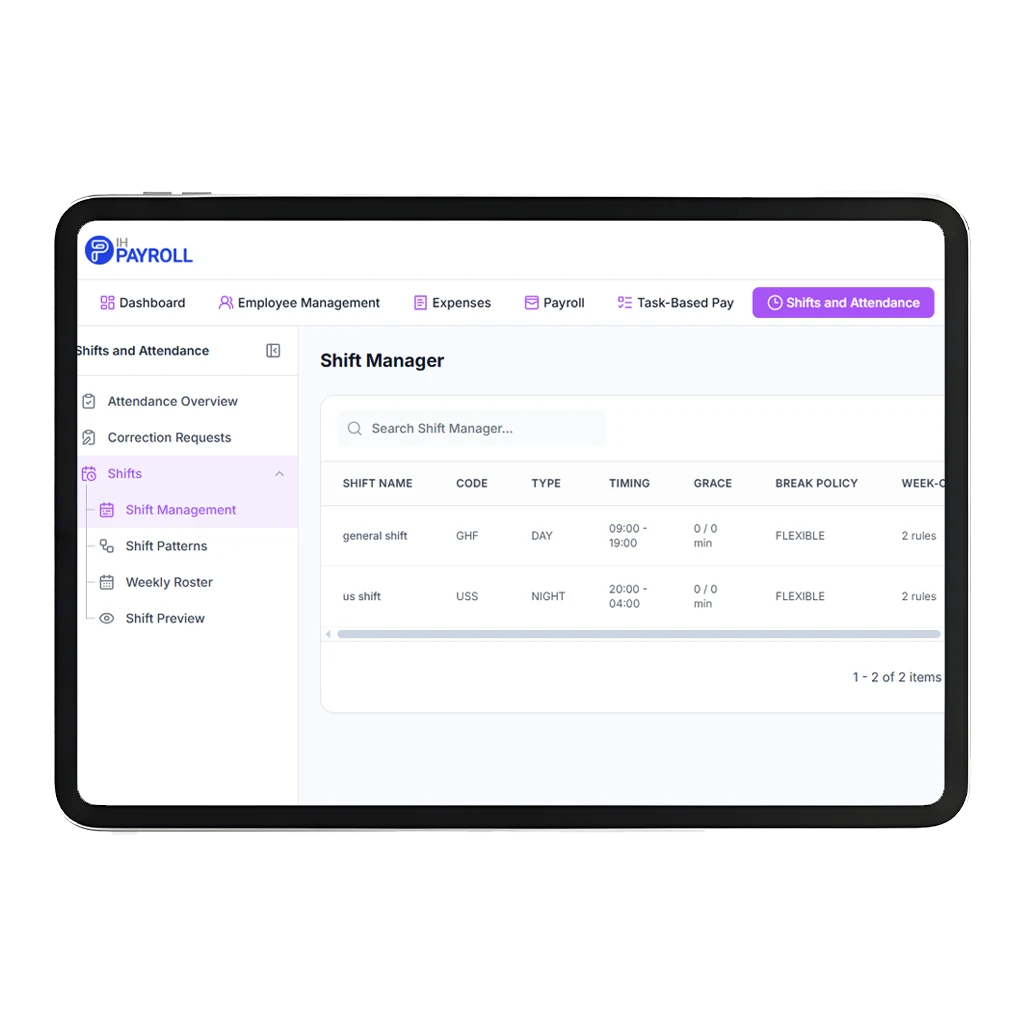 IHPAYROLL shift patterns