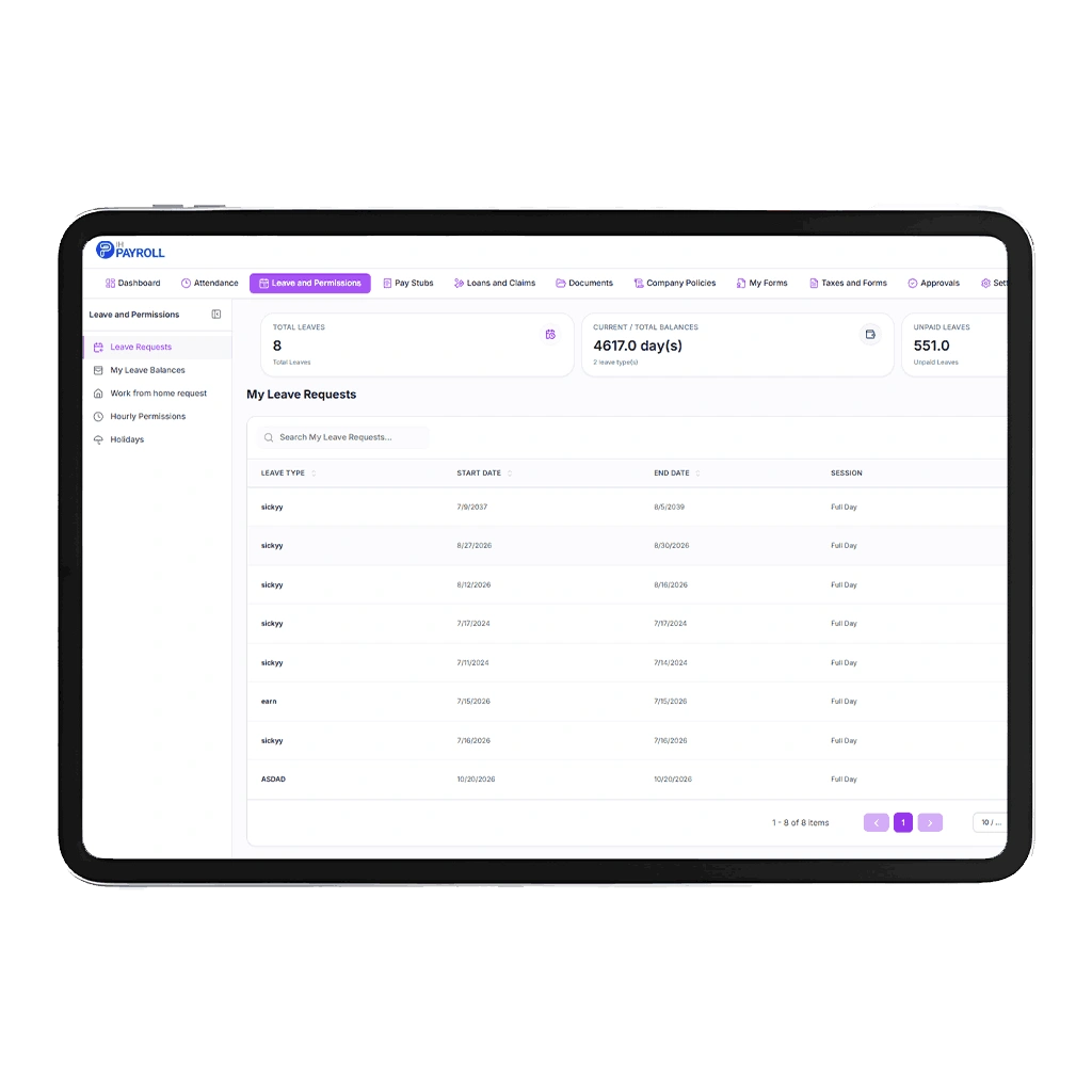 IHPAYROLL employee self-service leave requests