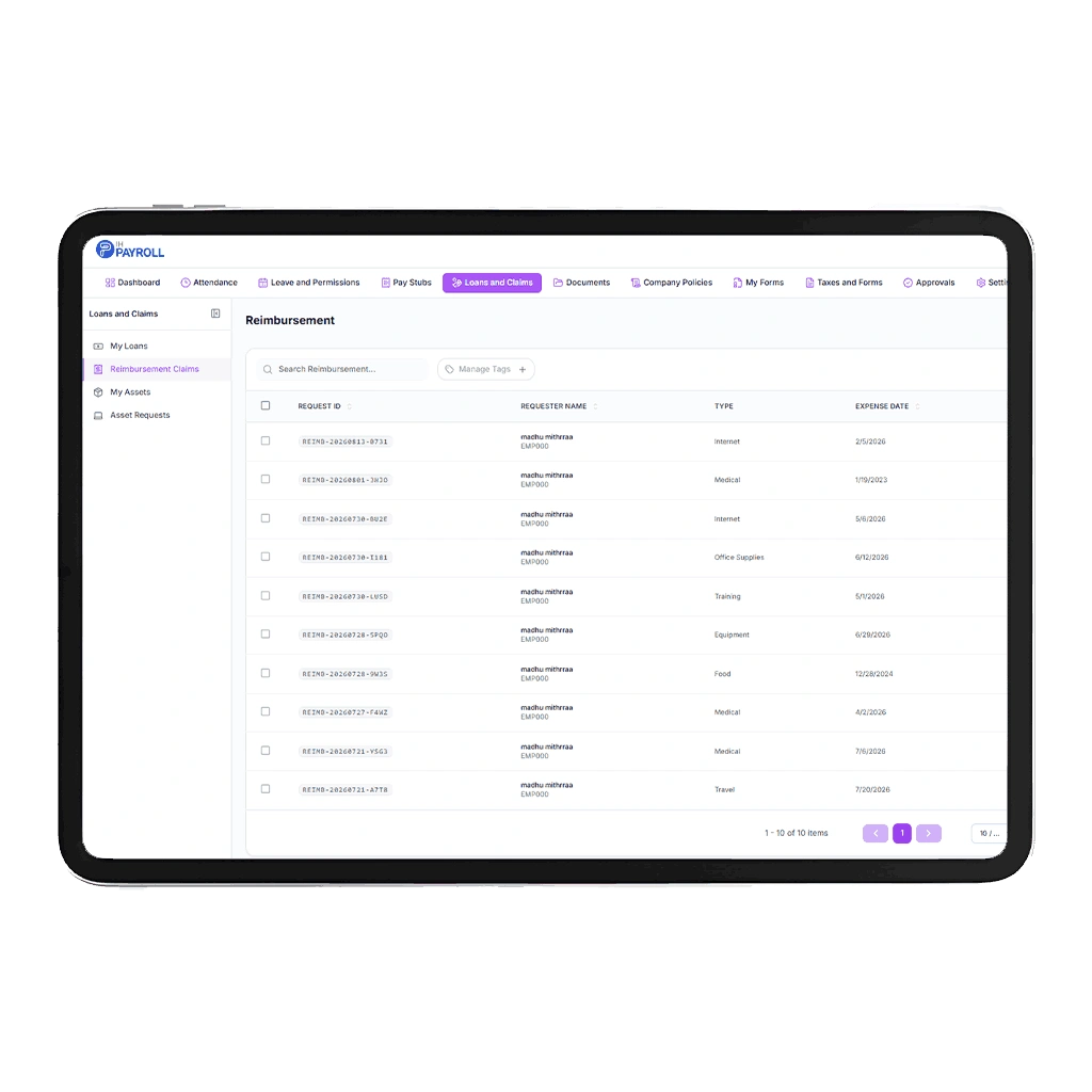 IHPAYROLL employee self-service loans and claims